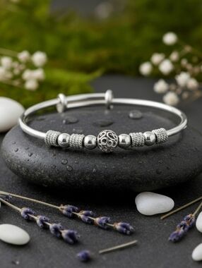 999 Fine Silver Beaded Bangle Bracelet Minimalist Quiet Luxury Old Money 2.3in